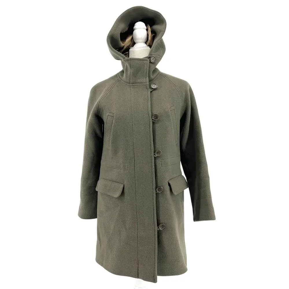 J. Crew Women’s 4P Stadium‎ Cloth Nello Gori Green Wool Duffle Pea Coat Hooded - Picture 7 of 10